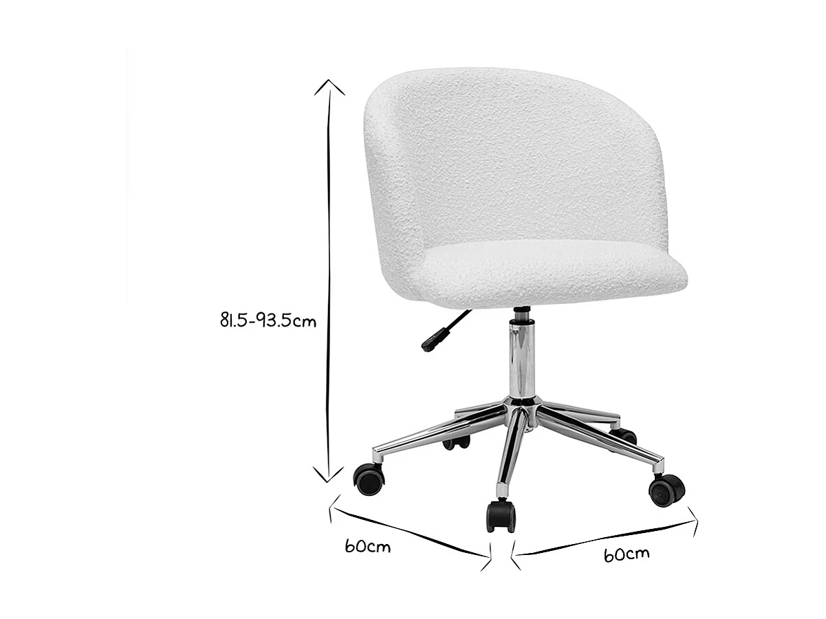 Chaise de bureau à roulettes en tissu effet laine bouclée blanc cassé et acier chromé VANITY