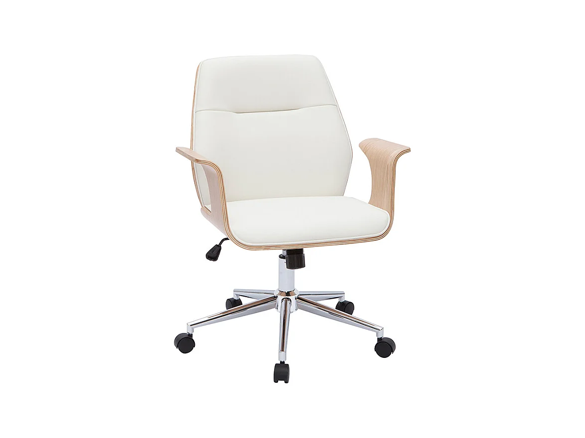 Chaise de bureau à roulettes design blanc, bois clair et acier chromé RUFIN