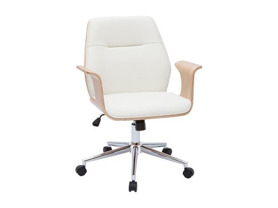 vente unique Chaise de bureau à roulettes design blanc bois clair et acier chromé RUFIN
