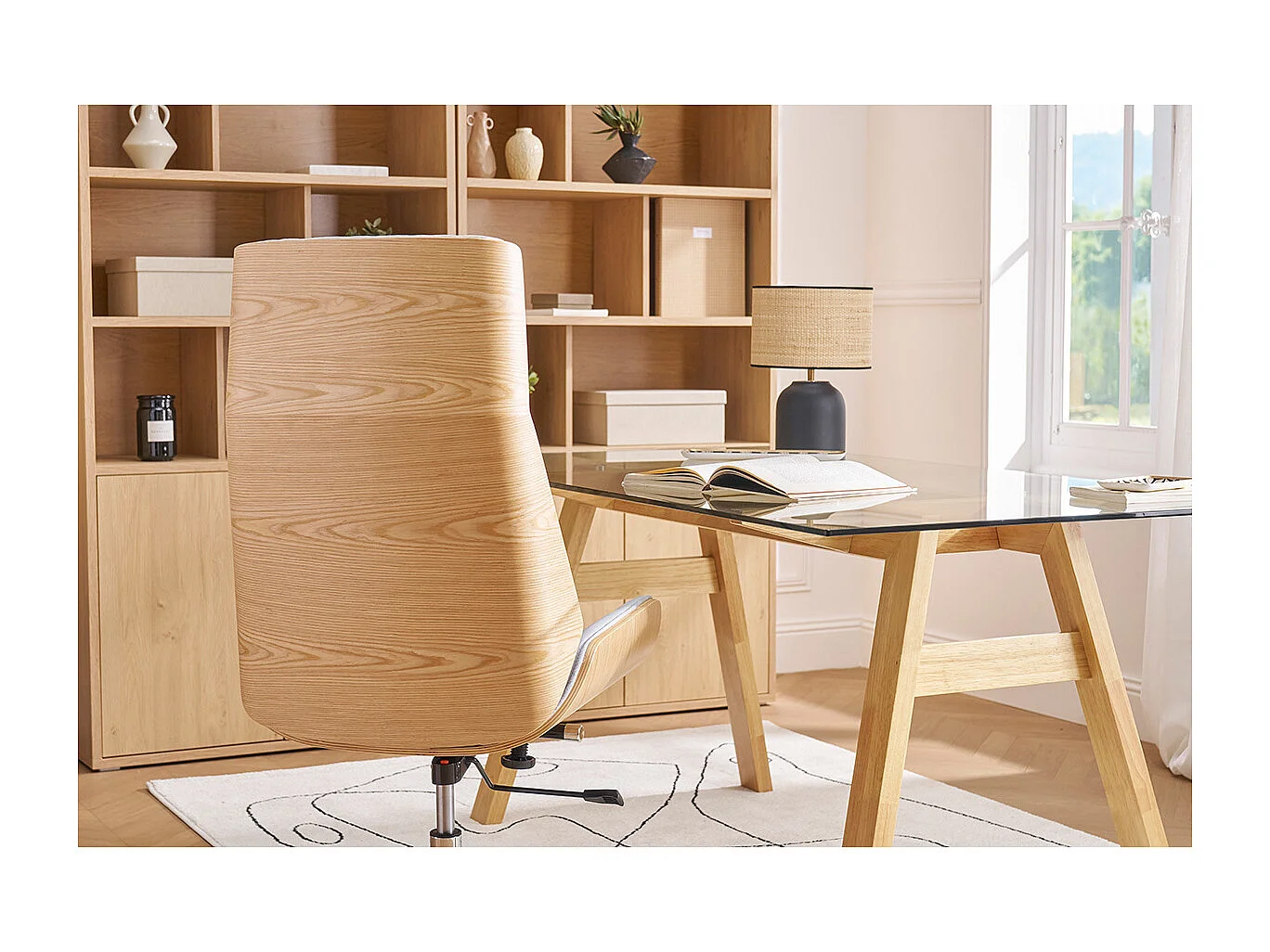 Design-Bürosessel helles Holz und PU Grau CURVED