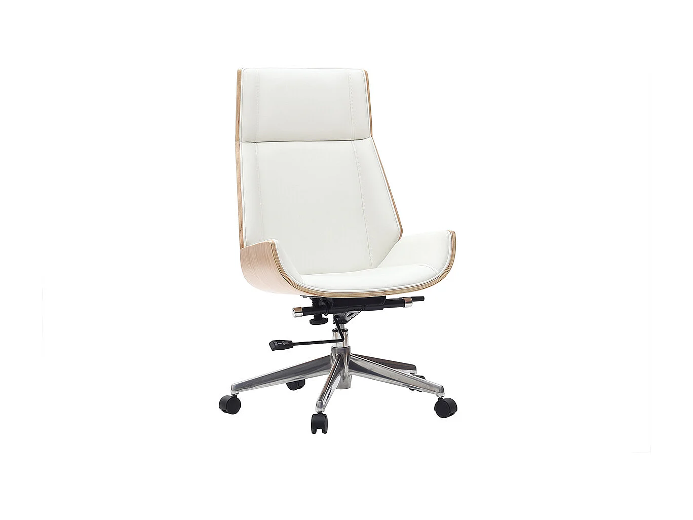 Fauteuil de bureau de direction design blanc, bois clair et acier chromé CURVED