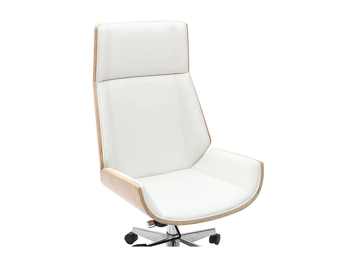 Fauteuil de bureau de direction design blanc, bois clair et acier chromé CURVED
