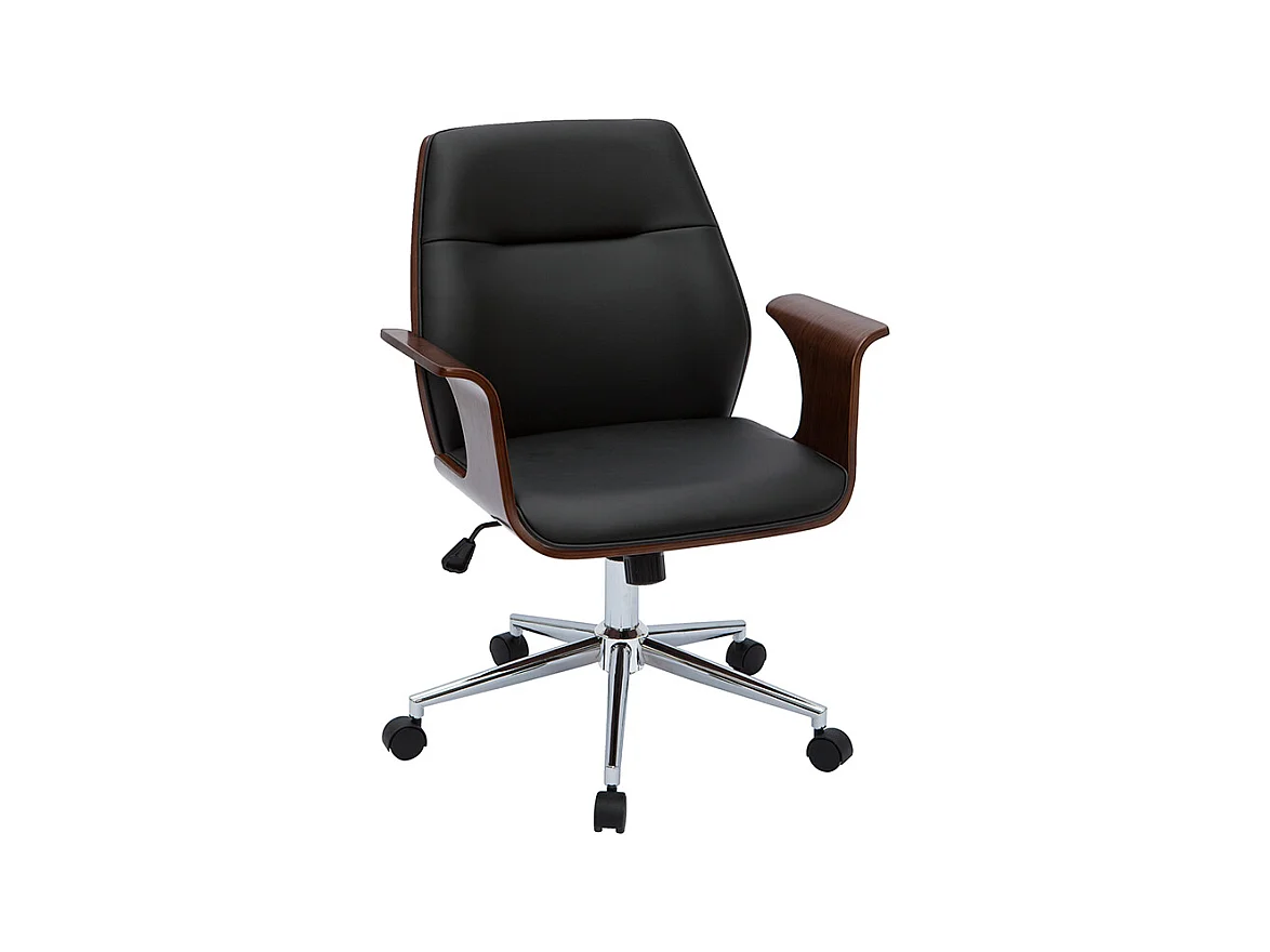 Chaise de bureau à roulettes design noir, bois foncé noyer et acier chromé RUFIN