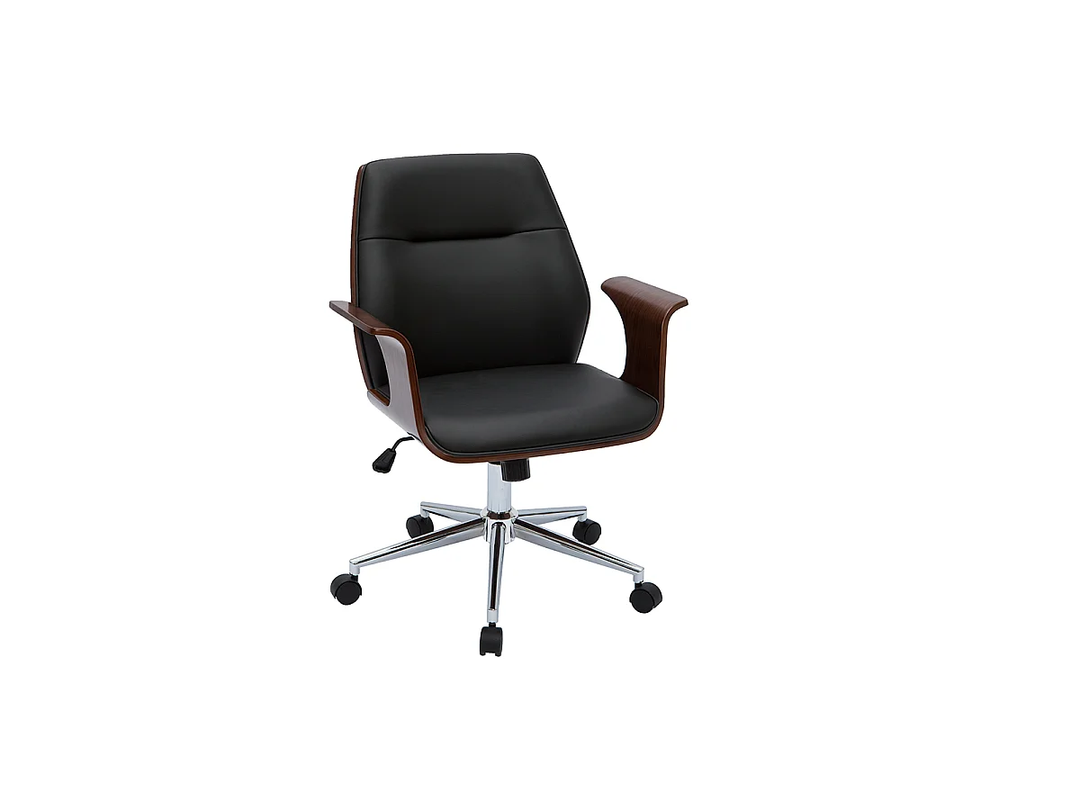 Sedia da ufficio con rotelle design nero, legno scuro noce e acciaio cromato RUFIN