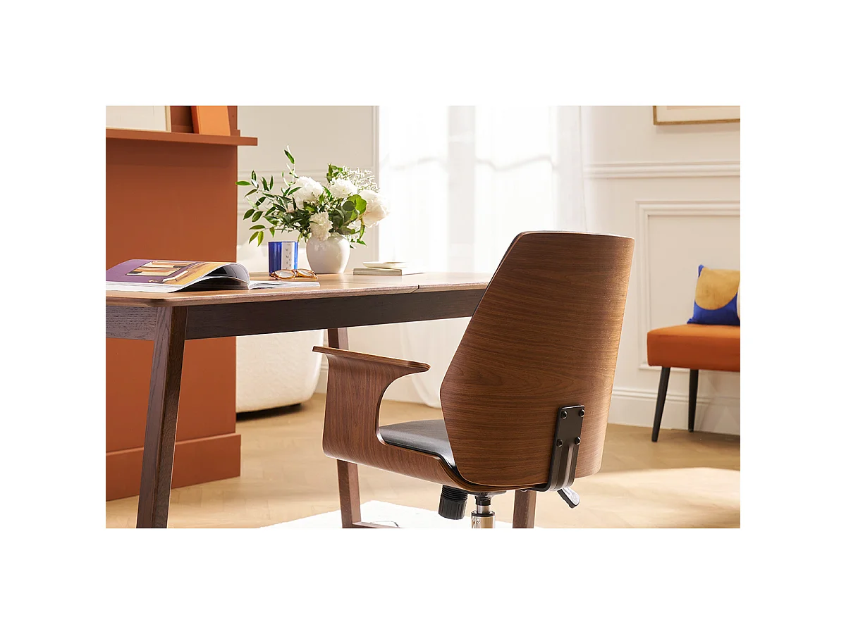 Sedia da ufficio con rotelle design nero, legno scuro noce e acciaio cromato RUFIN