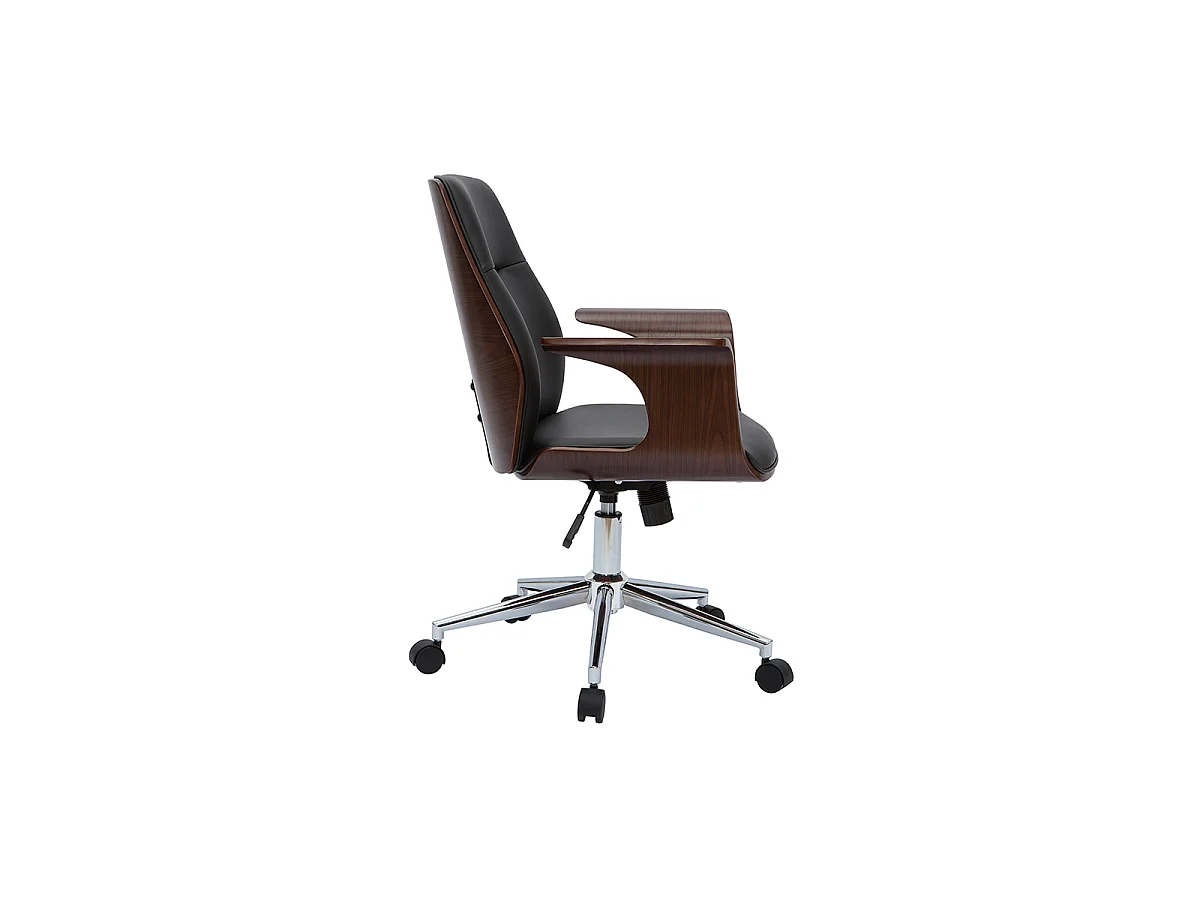Sedia da ufficio con rotelle design nero, legno scuro noce e acciaio cromato RUFIN
