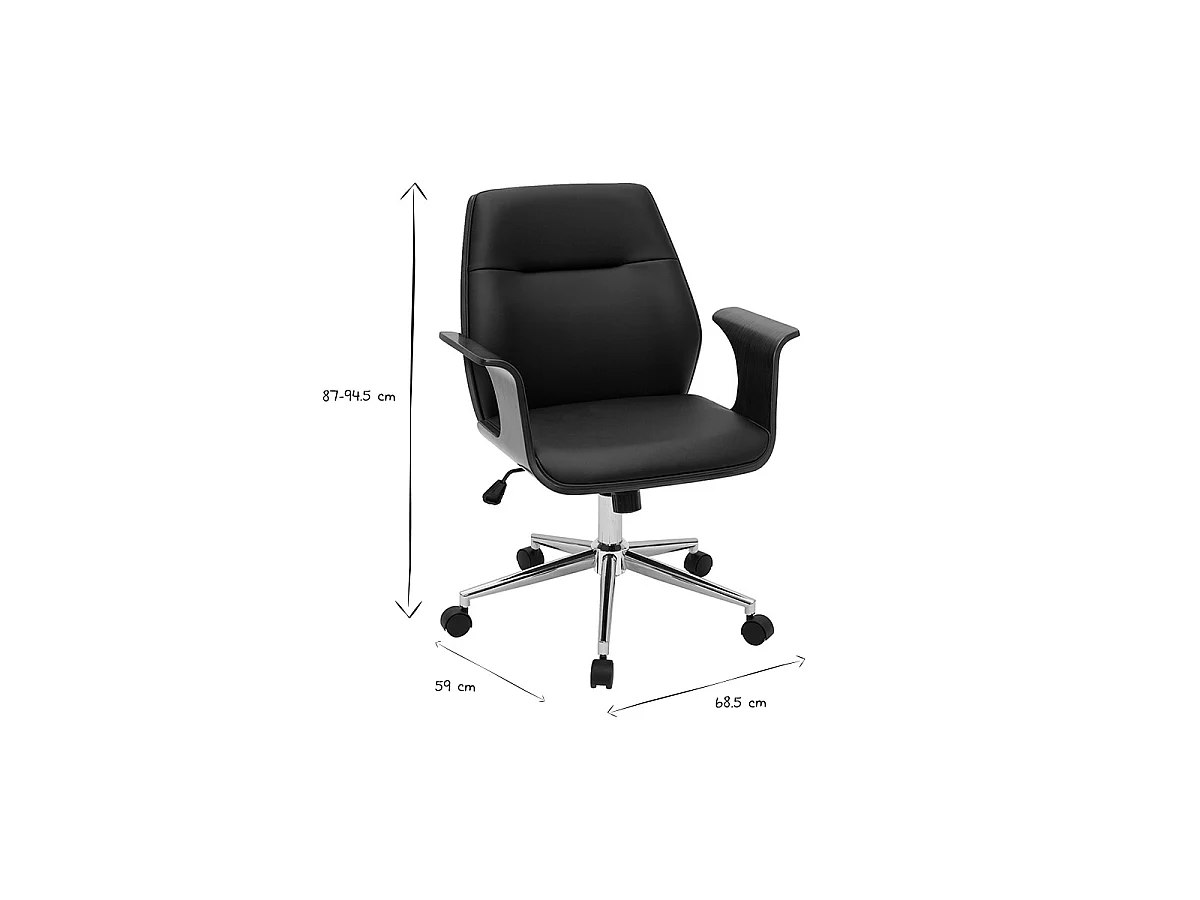 Sedia da ufficio con rotelle design nero, legno scuro noce e acciaio cromato RUFIN