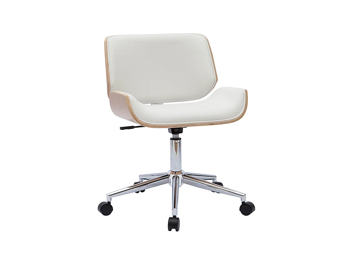 Chaise de bureau à roulettes design blanc, bois clair et acier chromé RUBBENS