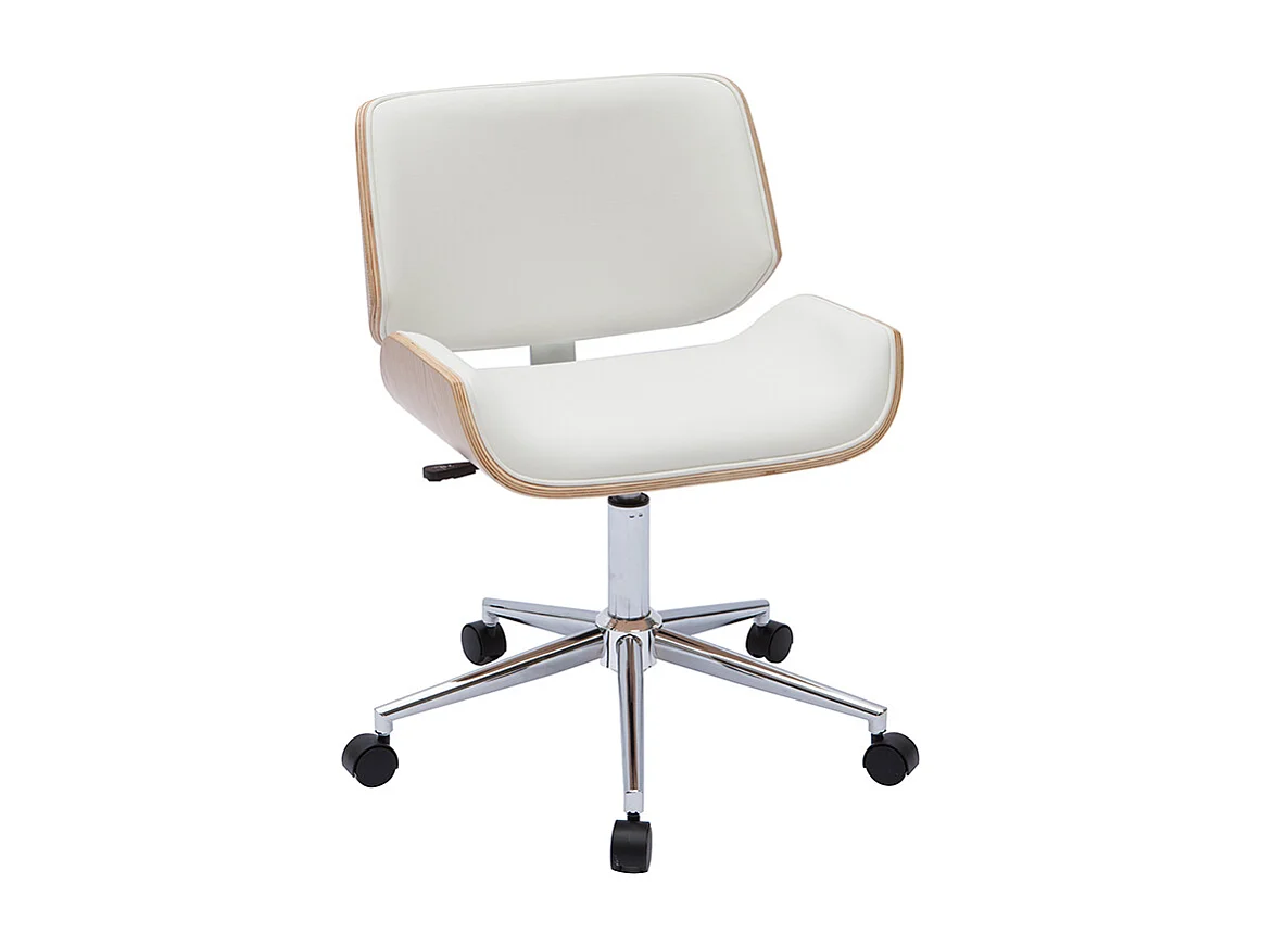 Chaise de bureau à roulettes design blanc, bois clair et acier chromé RUBBENS