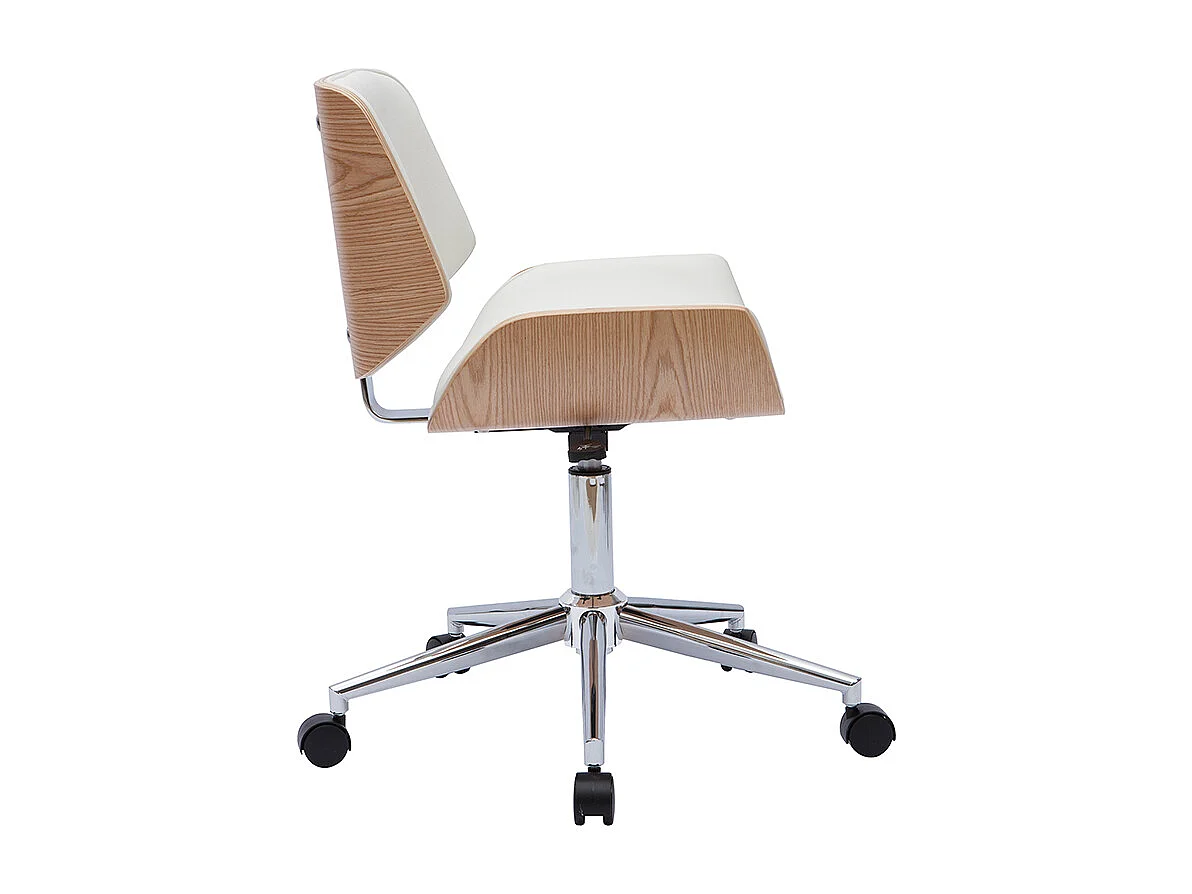 Chaise de bureau à roulettes design blanc, bois clair et acier chromé RUBBENS