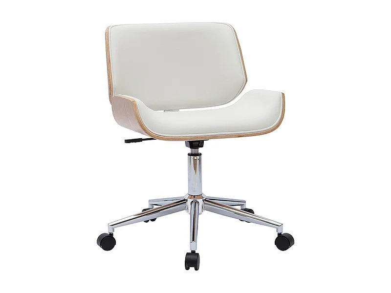 Chaise de bureau à roulettes design blanc, bois clair et acier chromé RUBBENS