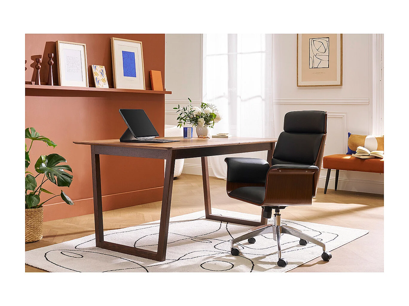 Sillón de escritorio en tejido gris y madera clara ELON