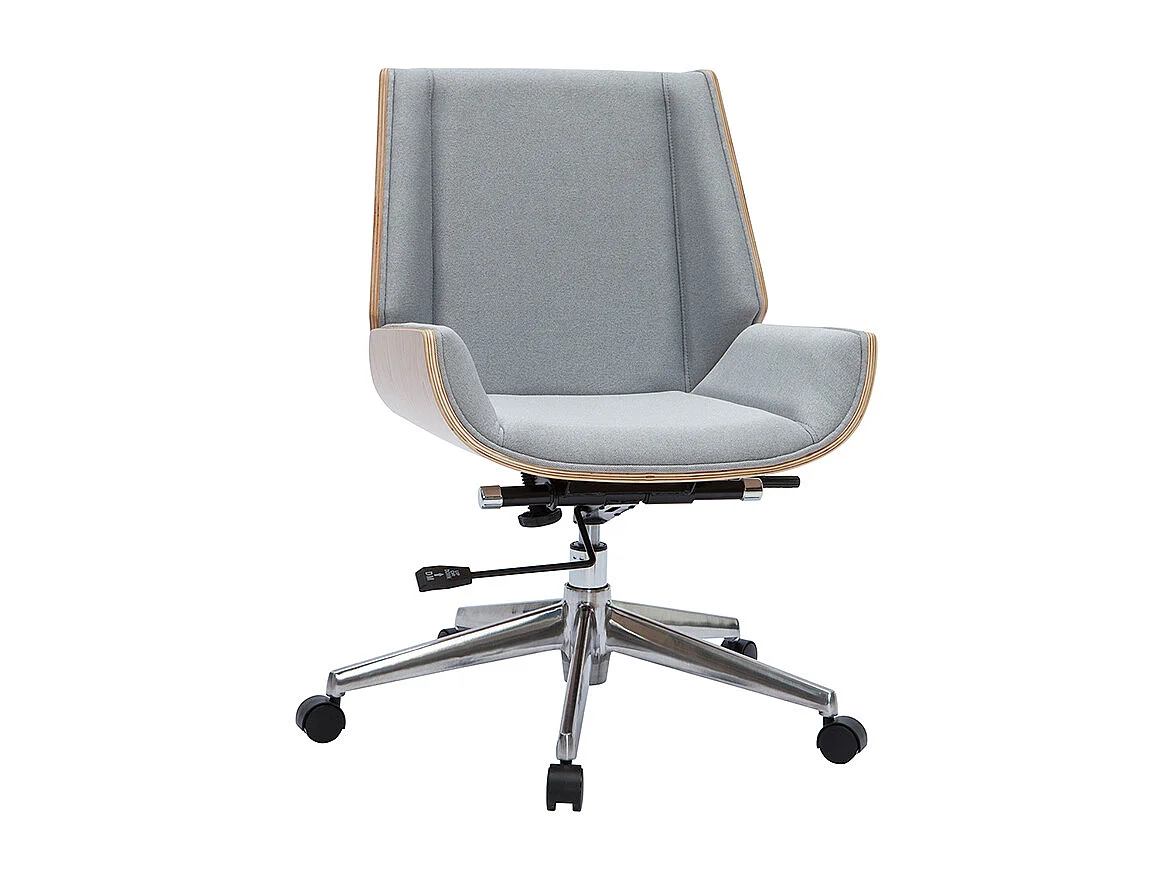 Chaise de bureau à roulettes design en tissu gris clair, bois clair et acier chromé CURVED