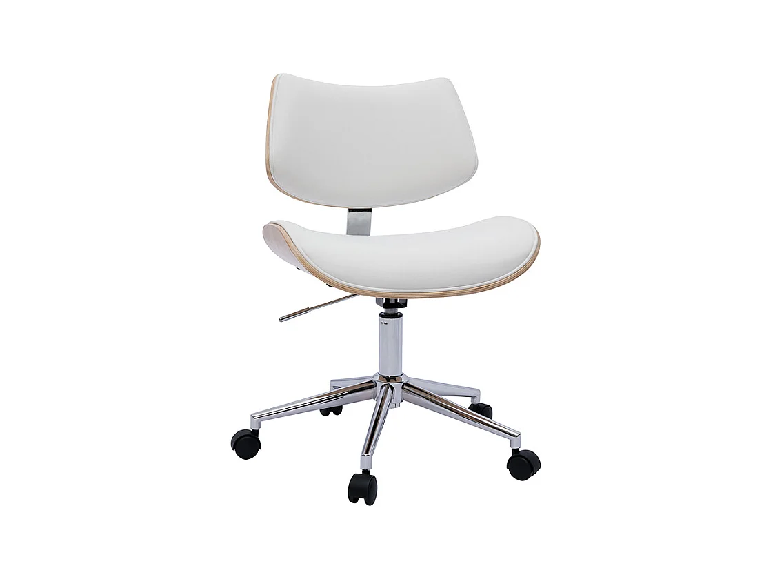 Chaise de bureau à roulettes design blanc, bois clair chêne et métal MALMO