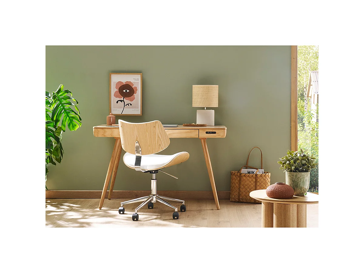 Silla de oficina de diseño con ruedas de color blanco, roble claro y metal MALMO