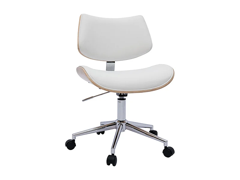 Chaise de bureau à roulettes design blanc, bois clair chêne et métal MALMO