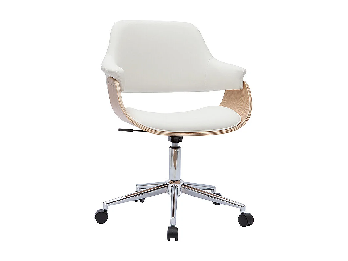 Chaise de bureau à roulettes design blanc, bois clair et acier chromé HANSEN
