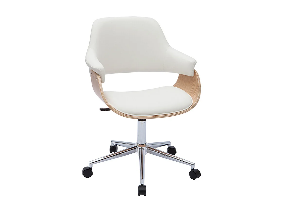 Chaise de bureau à roulettes design blanc, bois clair et acier chromé HANSEN