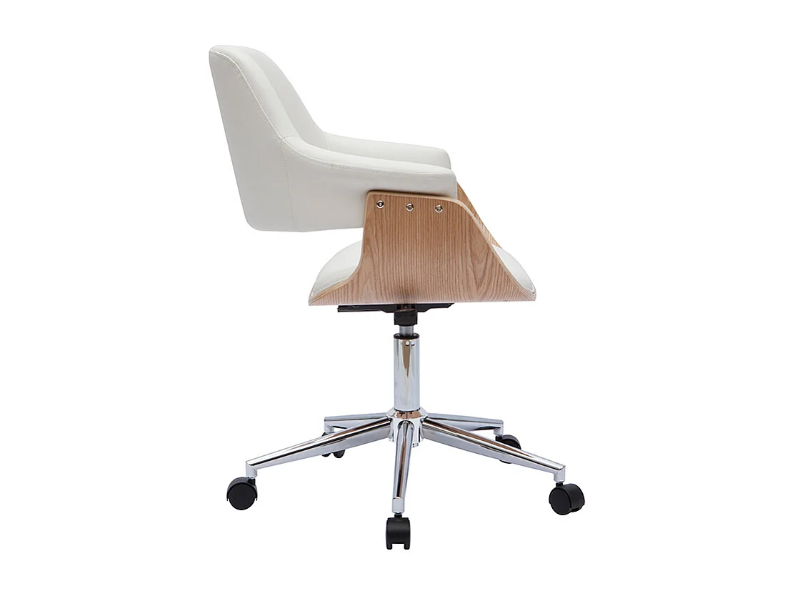 Chaise de bureau à roulettes design blanc, bois clair et acier chromé HANSEN