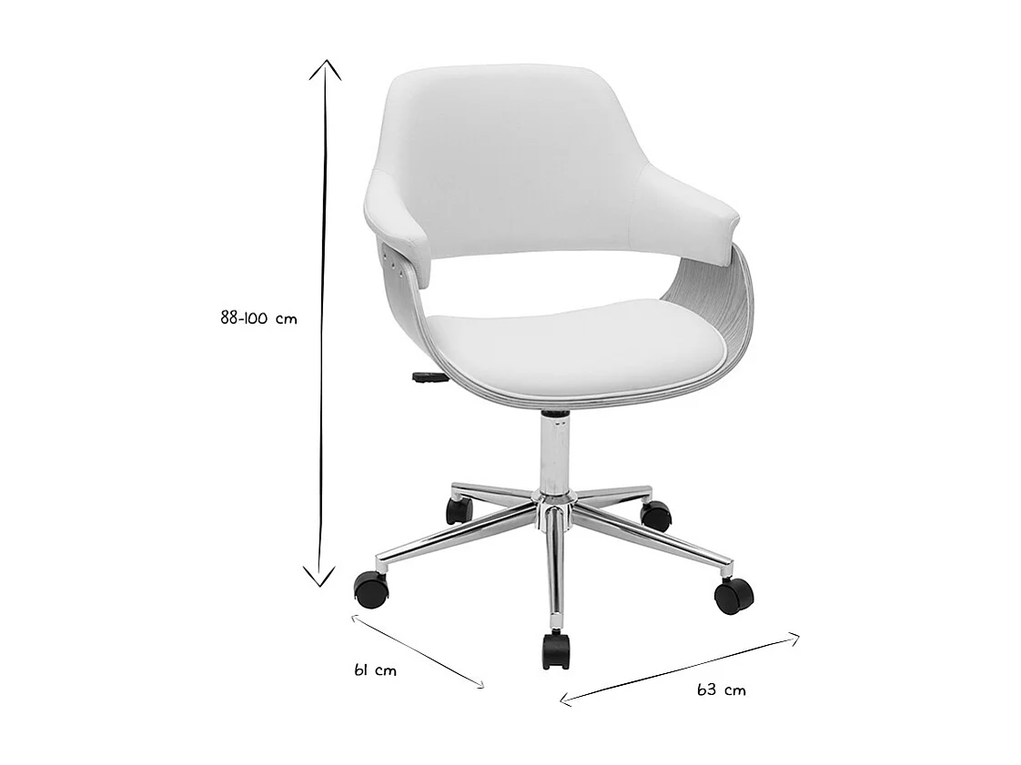 Chaise de bureau à roulettes design blanc, bois clair et acier chromé HANSEN