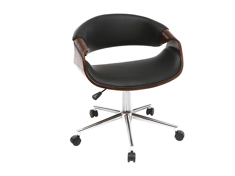 Chaise de bureau à roulettes design noir, bois foncé noyer et acier chromé ARAMIS