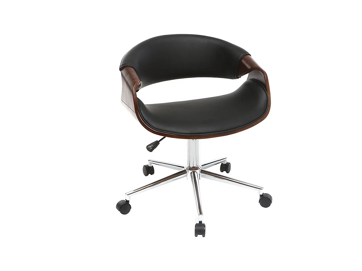 Chaise de bureau à roulettes design noir, bois foncé noyer et acier chromé ARAMIS