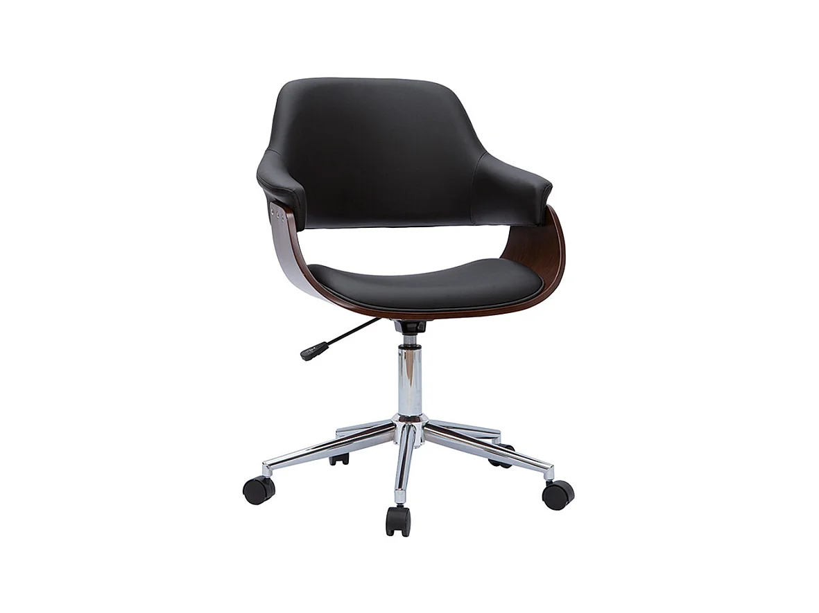 Chaise de bureau à roulettes design noir, bois foncé noyer et acier chromé HANSEN