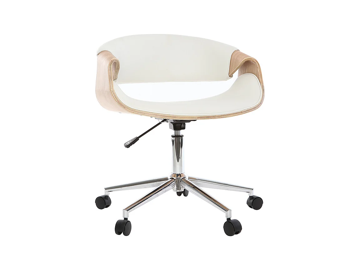 Chaise de bureau à roulettes design blanc, bois clair et acier chromé ARAMIS