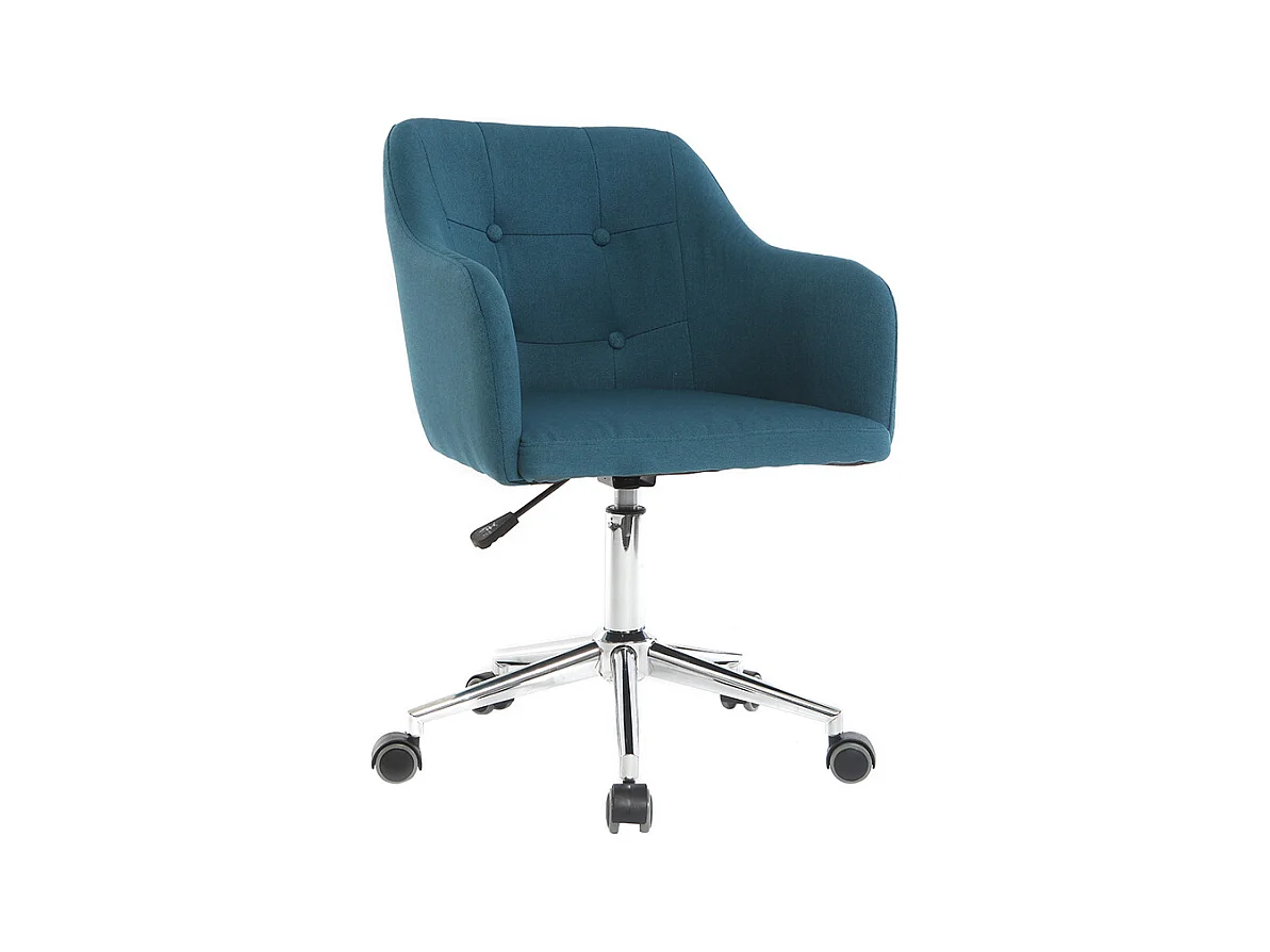 Chaise de bureau à roulettes capitonnée en tissu bleu canard et acier chromé BALTIK