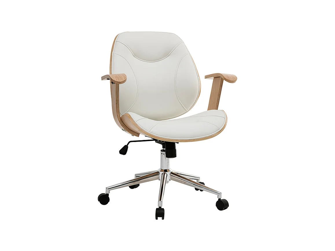 Chaise de bureau à roulettes design blanc, bois clair et acier chromé YORKE