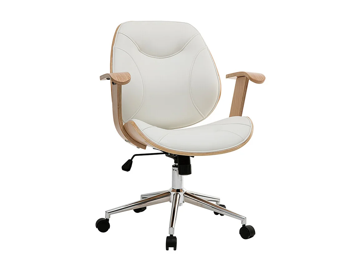 Chaise de bureau à roulettes design blanc, bois clair et acier chromé YORKE