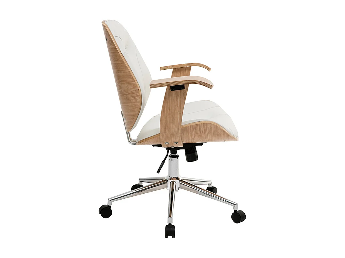 Chaise de bureau à roulettes design blanc, bois clair et acier chromé YORKE