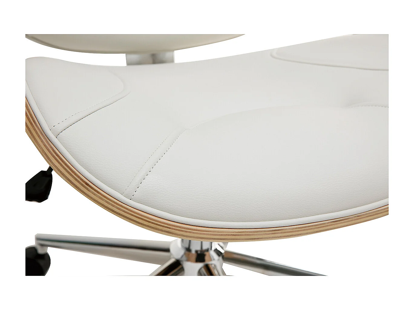 Chaise de bureau à roulettes design blanc, bois clair et acier chromé YORKE