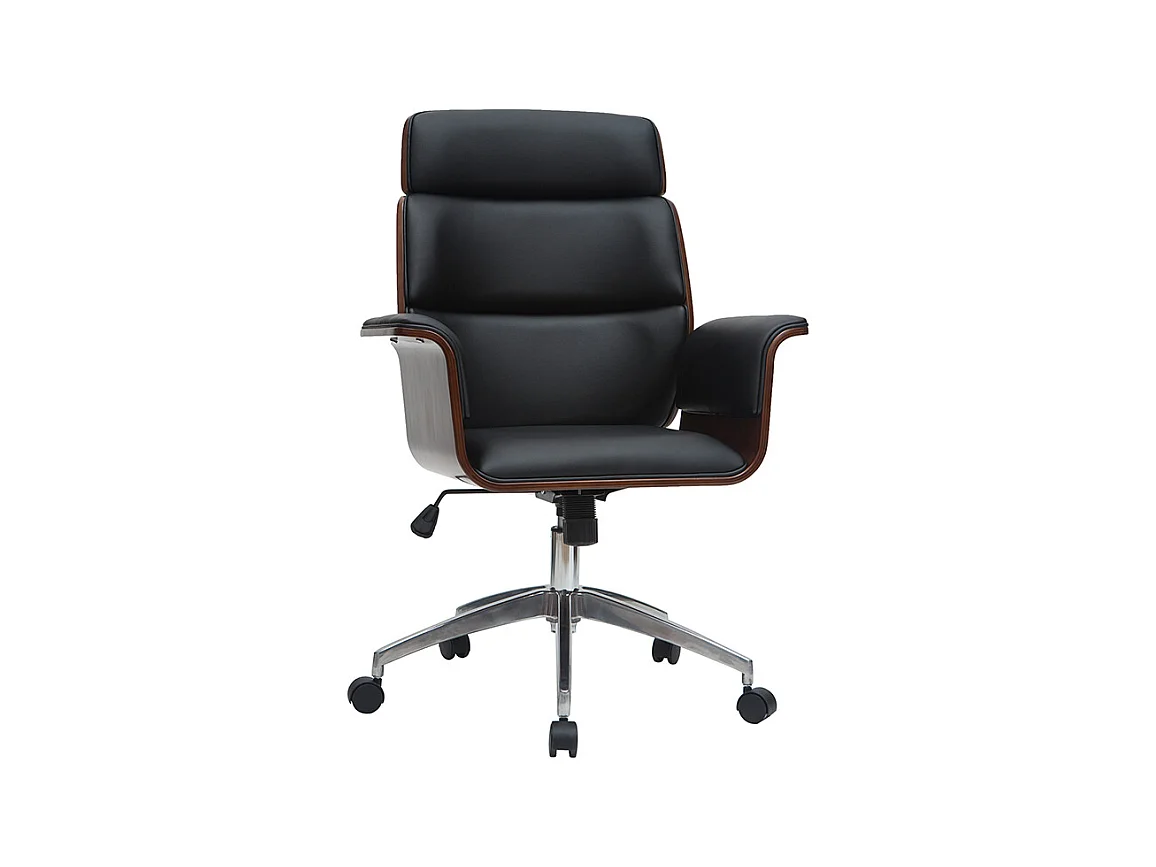 Fauteuil de bureau à roulettes design noir, bois foncé noyer et acier chromé ELON