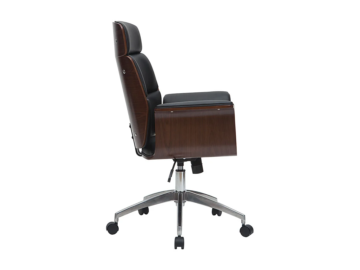 Fauteuil de bureau à roulettes design noir, bois foncé noyer et acier chromé ELON