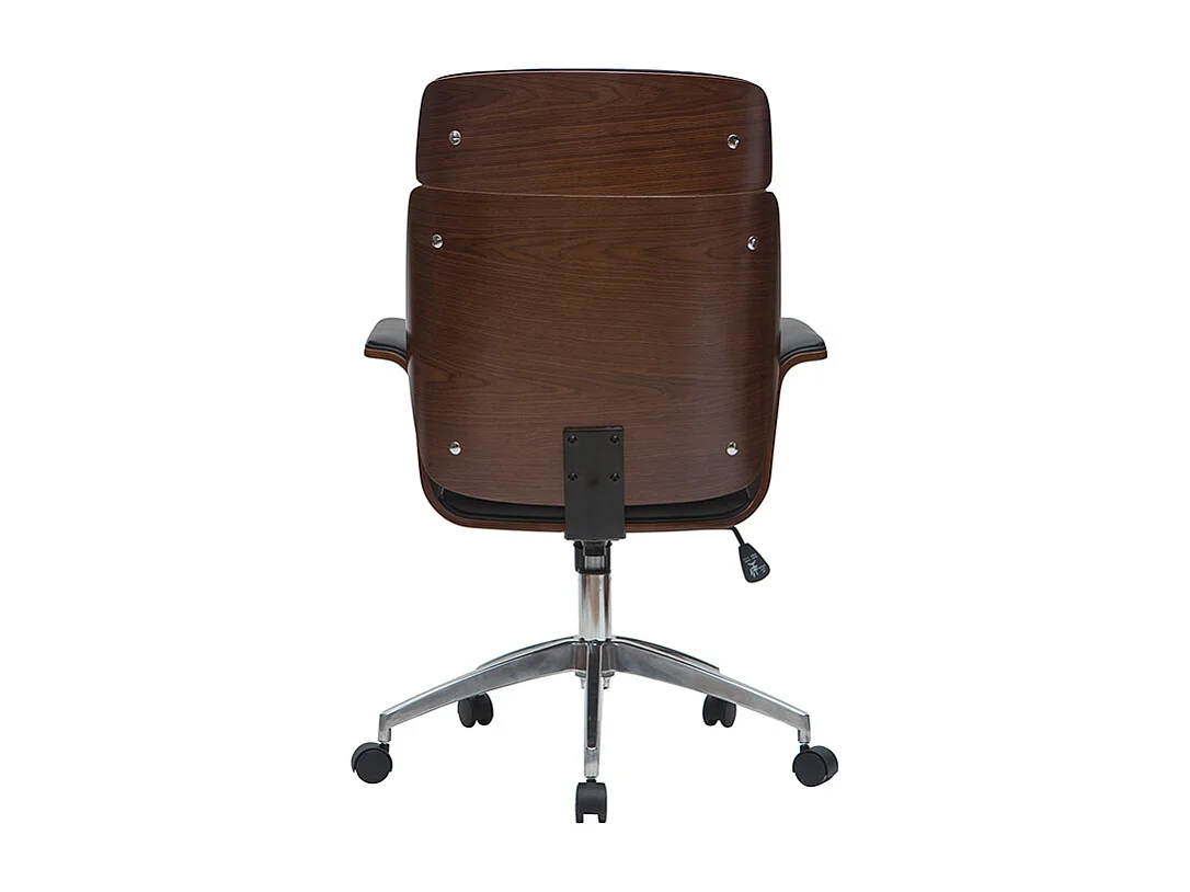 Fauteuil de bureau à roulettes design noir, bois foncé noyer et acier chromé ELON