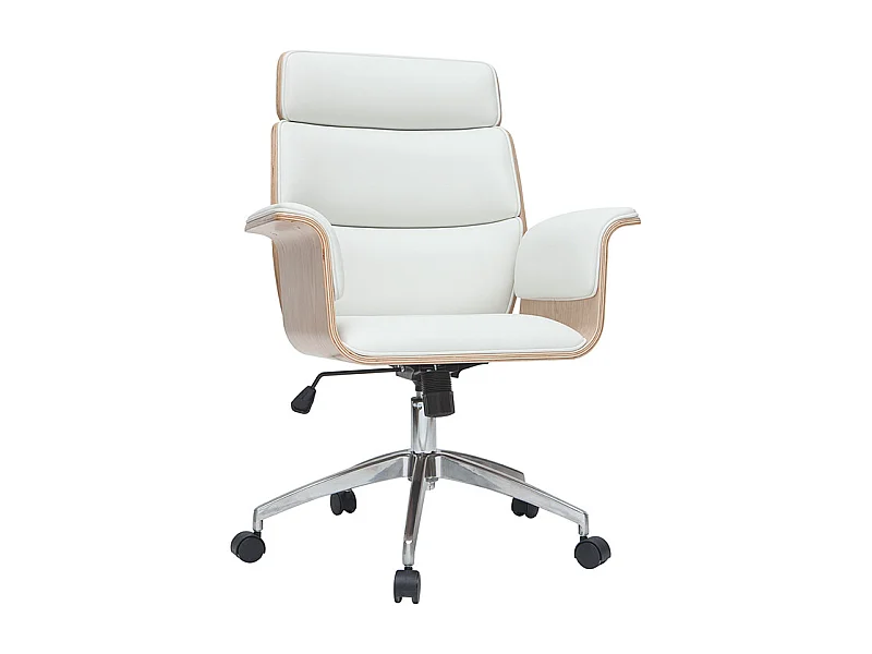 Fauteuil de bureau à roulettes design blanc, bois clair et acier chromé ELON