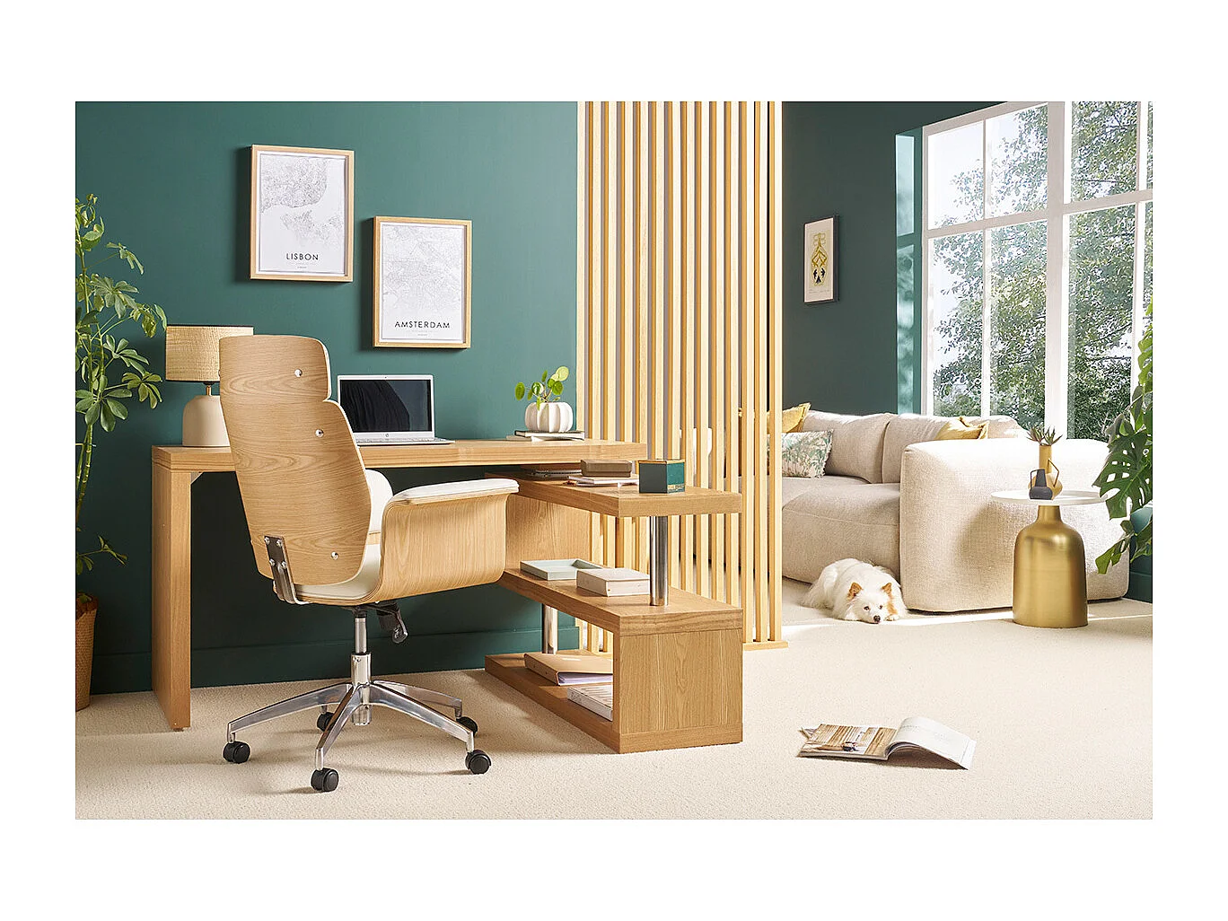 Poltrona da ufficio bianca e legno chiaro ELON