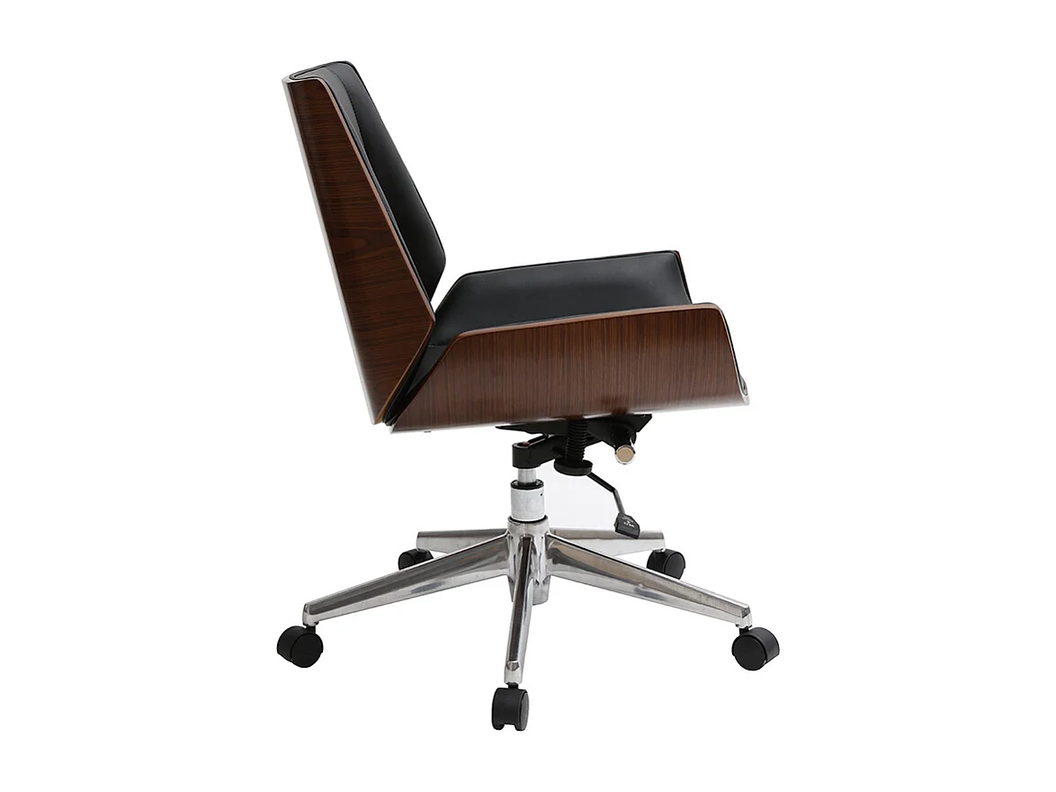 Chaise de bureau à roulettes design noir, bois foncé noyer et acier chromé CURVED