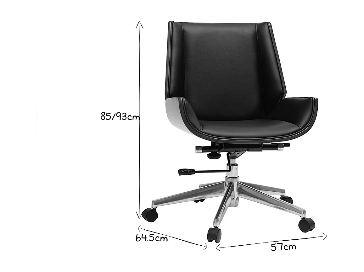 Chaise de bureau à roulettes design noir, bois foncé noyer et acier chromé CURVED