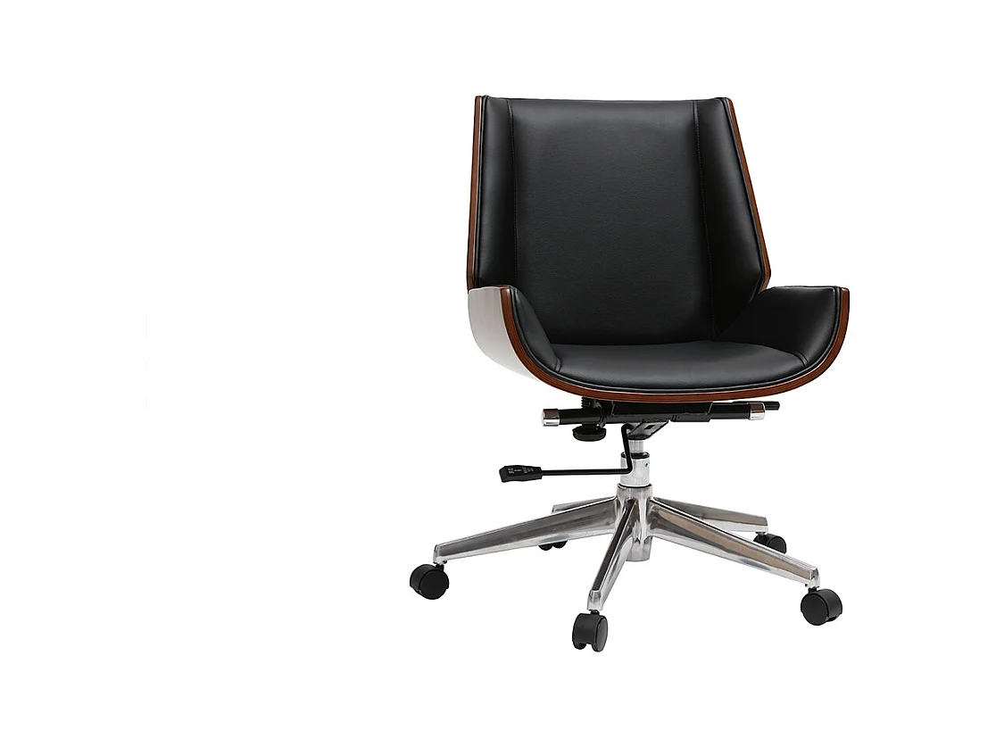 Chaise de bureau à roulettes design noir, bois foncé noyer et acier chromé CURVED