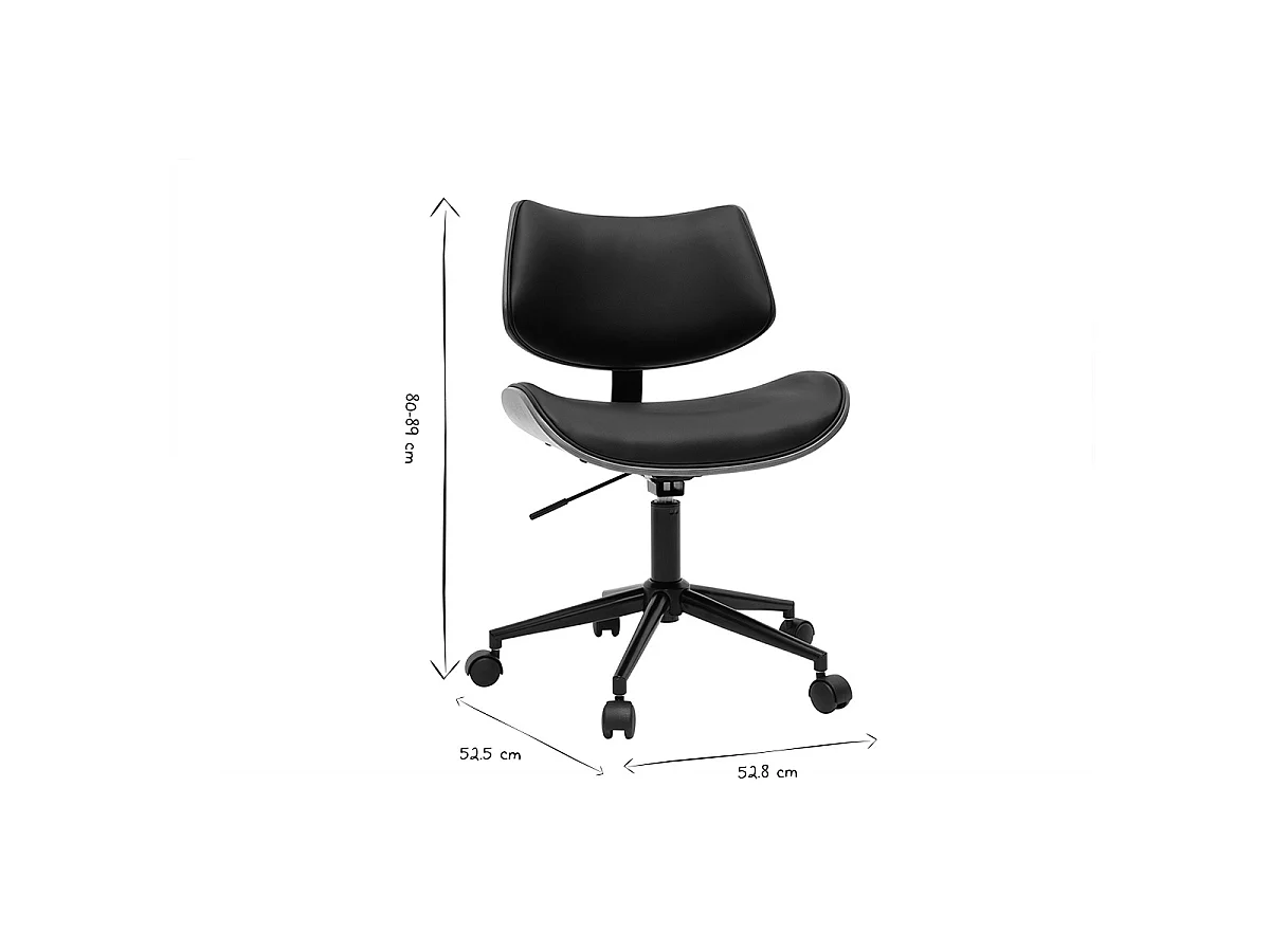 Silla de oficina de diseño negra con ruedas, madera de nogal oscuro y metal negro MALMO