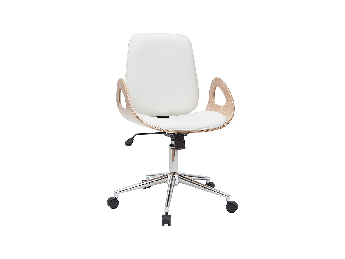 Chaise de bureau à roulettes design blanc, bois clair et acier chromé GLORY
