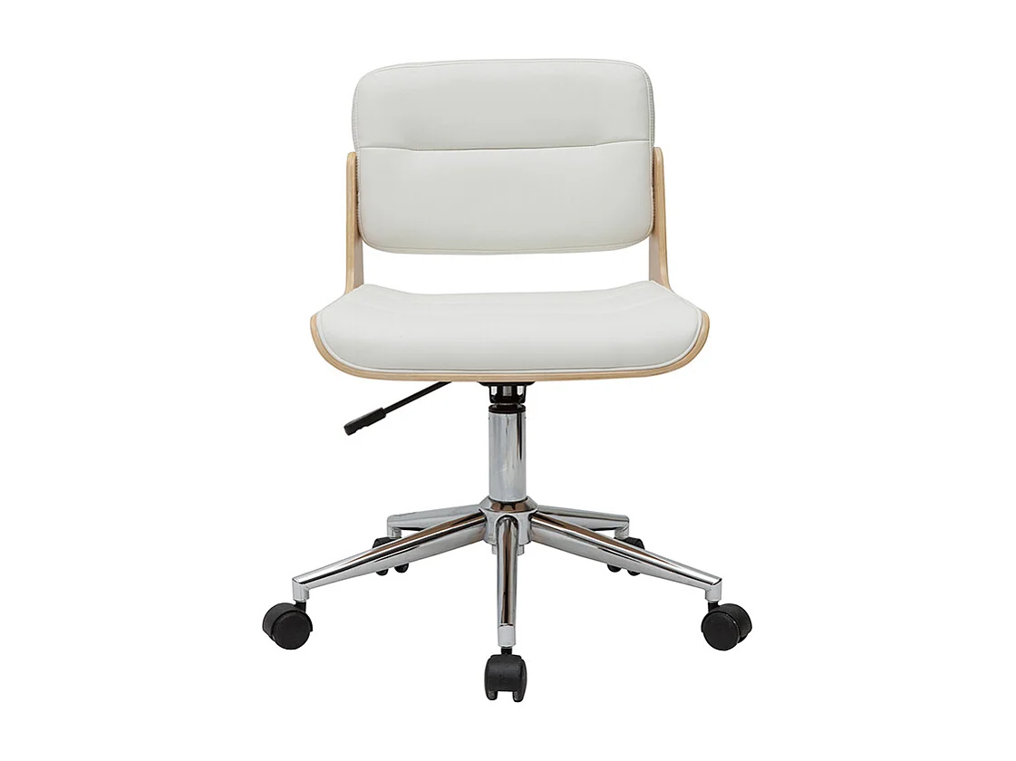Chaise de bureau à roulettes design blanc, bois clair et acier chromé ARAMON
