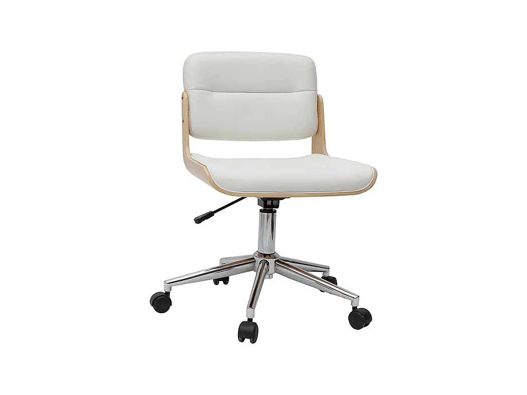 Chaise de bureau à roulettes design blanc, bois clair et acier chromé ARAMON