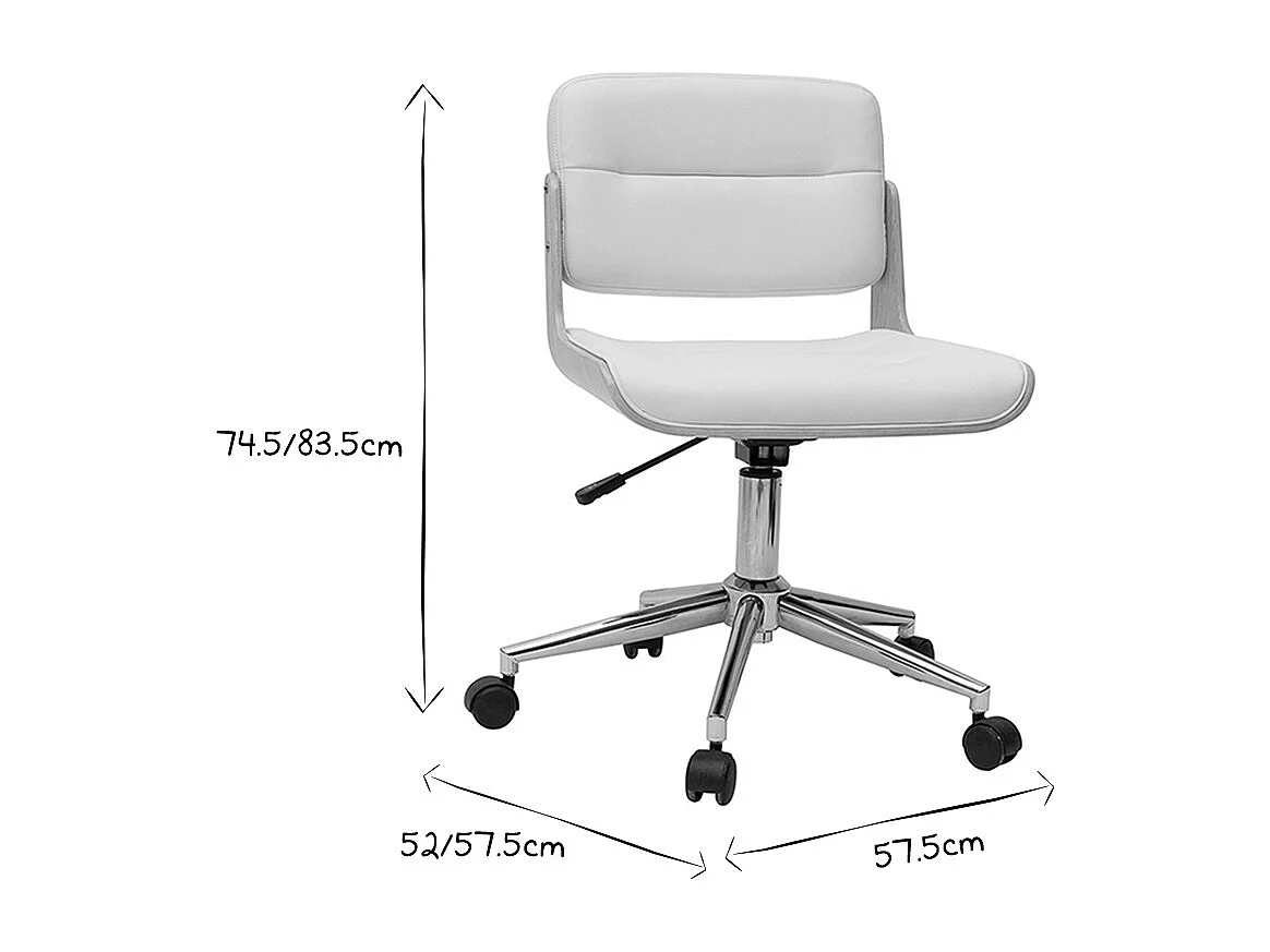 Chaise de bureau à roulettes design blanc, bois clair et acier chromé ARAMON