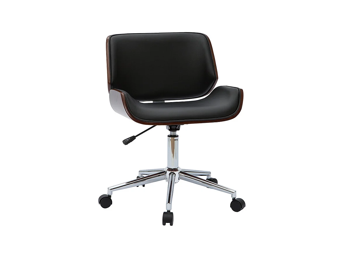 Chaise de bureau à roulettes design noir, bois foncé noyer et acier chromé RUBBENS
