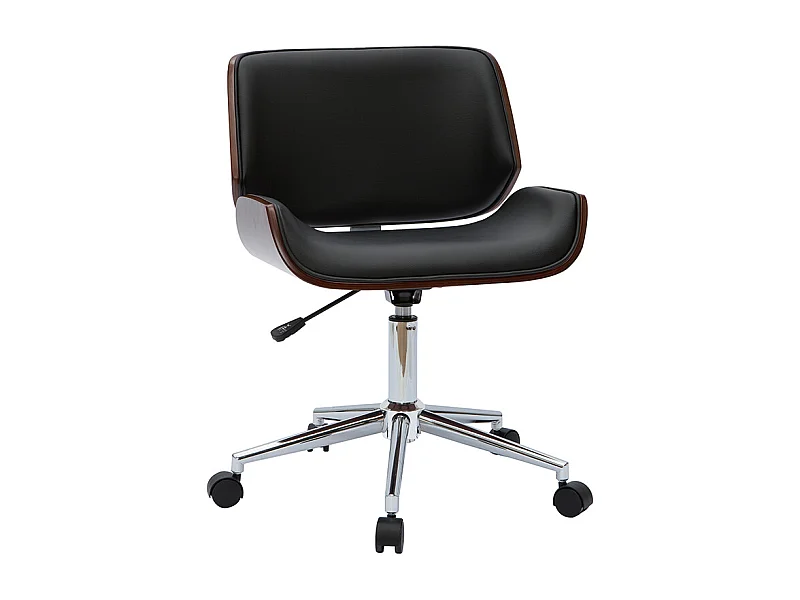 Chaise de bureau à roulettes design noir, bois foncé noyer et acier chromé RUBBENS