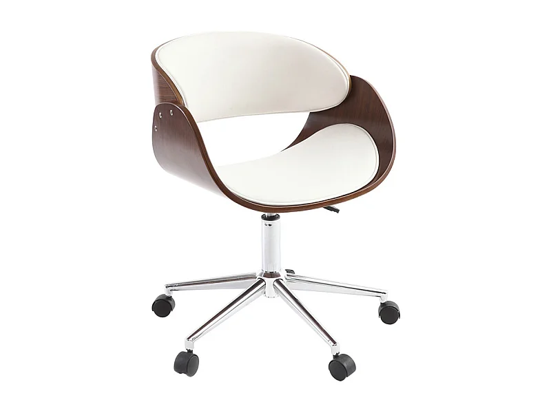Chaise de bureau à roulettes design blanc, bois foncé noyer et acier chromé BENT