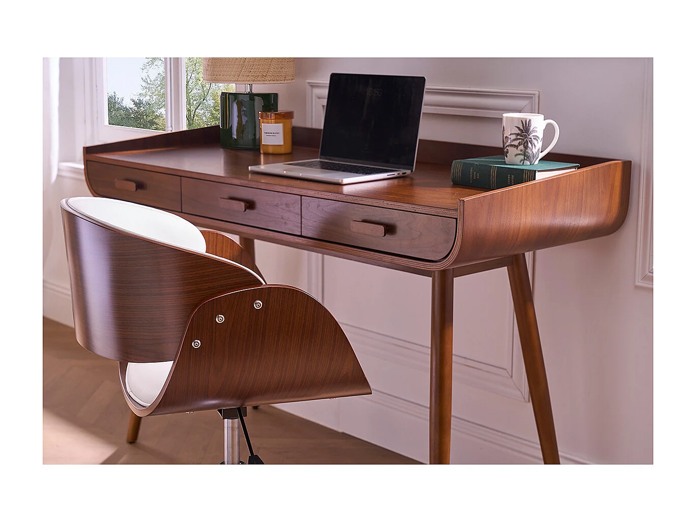 Silla de escritorio nogal y blanco con ruedas BENT